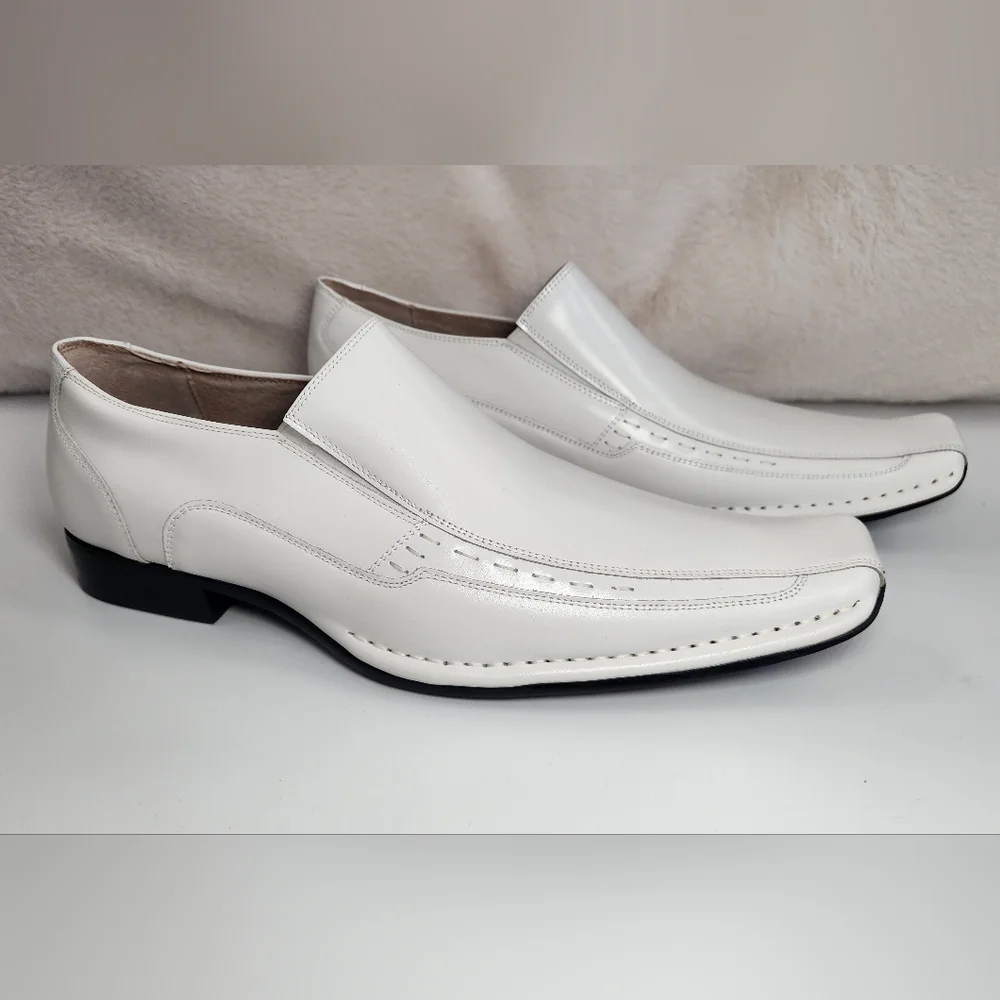Templin White Leather Loafers Dress Shoes Bike Toe Wedding Casual Size 12M